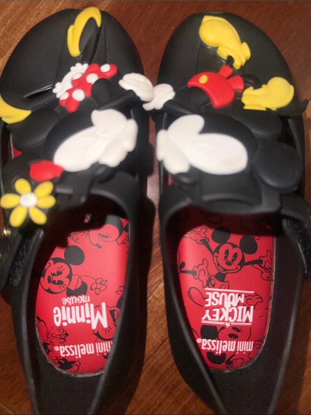 Mini Melissa Black Jelly Shoes with Red and Yellow Mickey & Minnie Appliqués